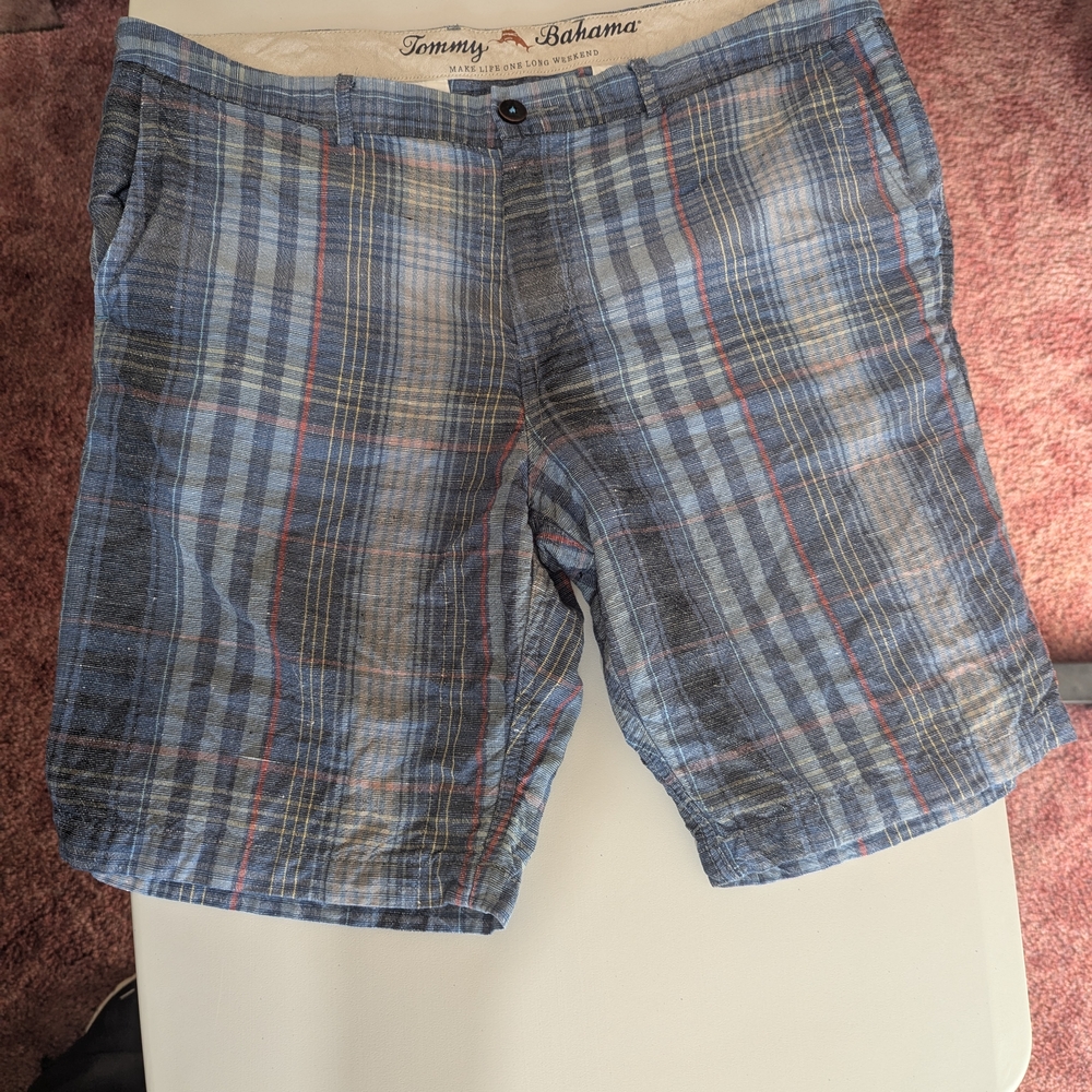 Tommy Bahama Corfu Ocean Deep Blue Plaid Men Shorts Size 36
